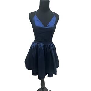 Windsor Store Tammy Taffeta Lace Junior prom evening dress metallic navy blue M